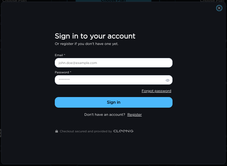 The Hosted Customer Flows sign-in screen, showing email and password fields, a Forgot password link, a Sign in button, and a Register option for new customers.