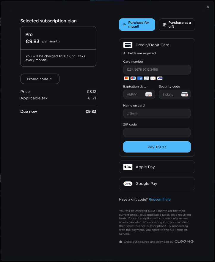 The Hosted Customer Flows checkout screen, showing the selected subscription plan details and promo code field on the left, and payment method options including Credit/Debit Card, Apple Pay, Google Pay, and PayPal on the right