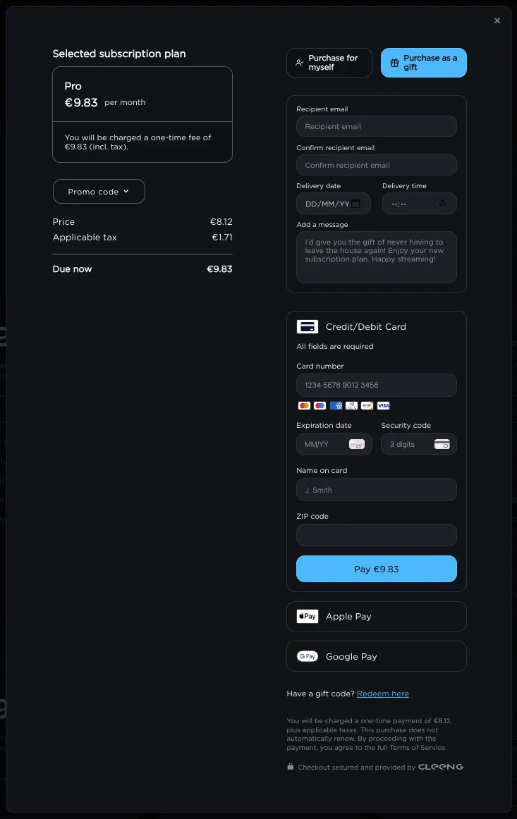 The Hosted Customer Flows checkout screen in gifting mode, showing the selected plan details on the left and the Purchase as a gift form on the right, with fields for recipient email, delivery date, delivery time, and an optional personal message, followed by the payment form.