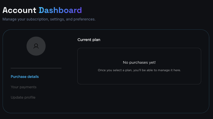 The Hosted Customer Flows My Account widget, showing the Purchase details, Your payments, and Update profile sections in the left navigation, with a Current plan panel on the right