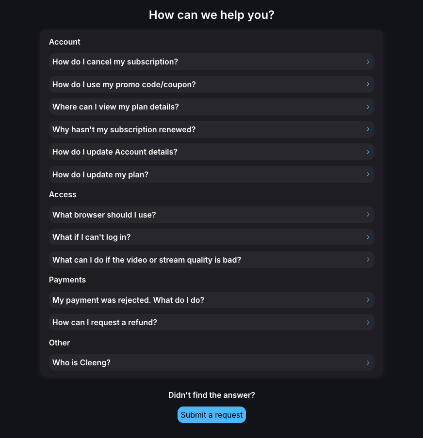 The Hosted Customer Flows Customer Care widget, showing an FAQ panel with questions grouped under Account, Access, Payments, and Other categories, and a Submit a request button at the bottom.
