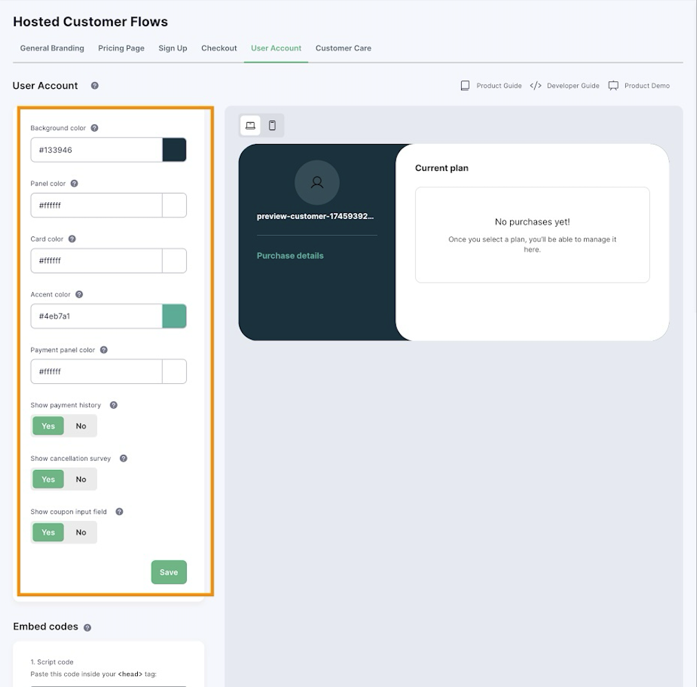 Cleeng Dashboard User Account tab with the Account Settings section highlighted in orange. Fields shown include background color (#f0b5b2), panel color (#ffff), card color (#ffff), accent color (#44b57d, green), payment panel color (#ffff), and toggles for Show payment history and Show cancellation survey, both set to Yes/No. The right panel previews the user account widget showing a placeholder customer profile, with navigation links for Purchase details, Your payments, and Update profile, and a "Current plan – No purchases yet" message.