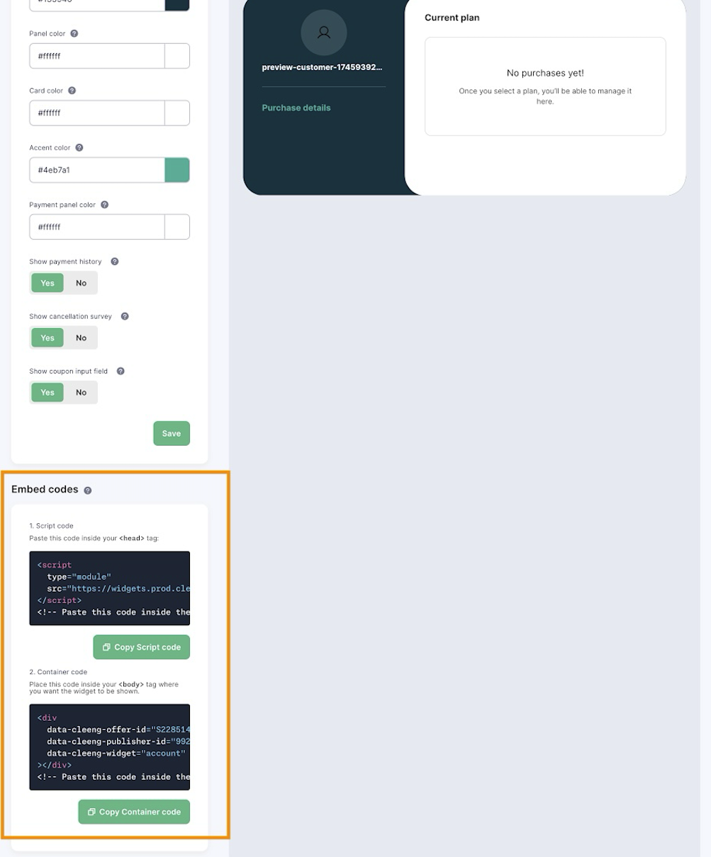 Cleeng Dashboard User Account tab showing the full Account Settings panel with the Embed codes section below. The Embed codes area shows a Script code snippet with a Copy Script Code button. The right panel displays the account widget preview with placeholder customer ID, navigation links (Purchase details, Your payments, Update profile), and a "Current plan – No purchases yet" panel.